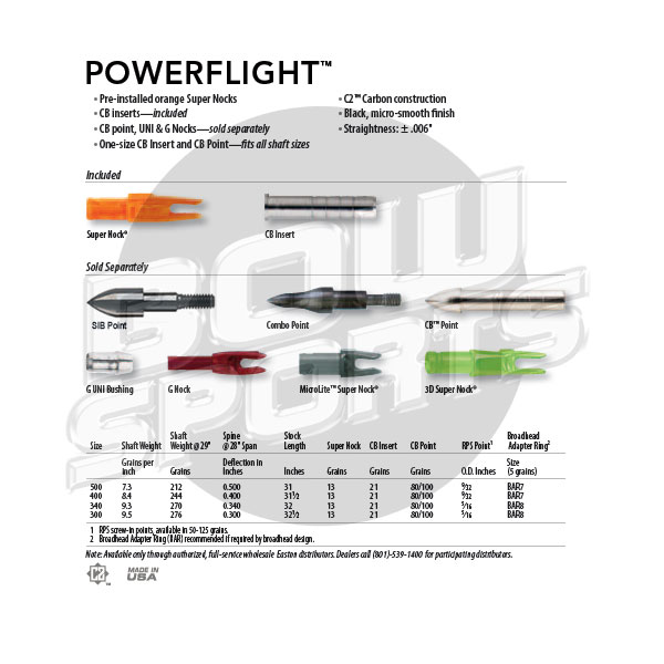 Easton Powerflight Arrow Chart